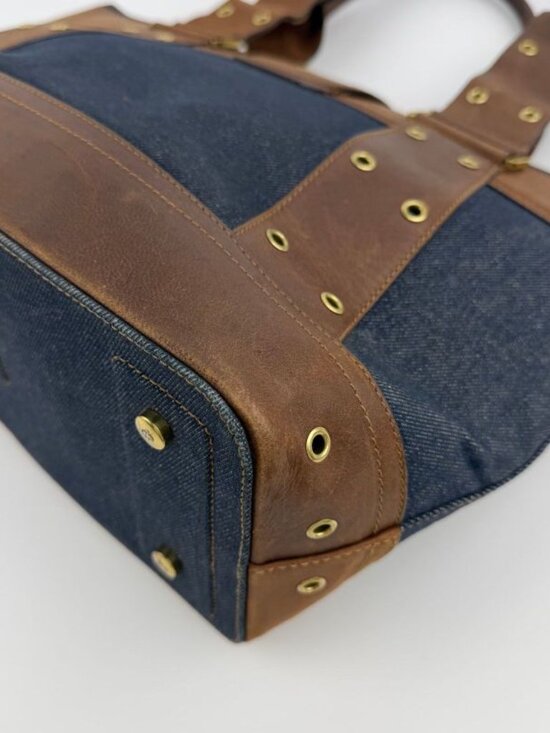 Dior Tote Brown Navy Denim Leather Vintage - Picture 12 of 16